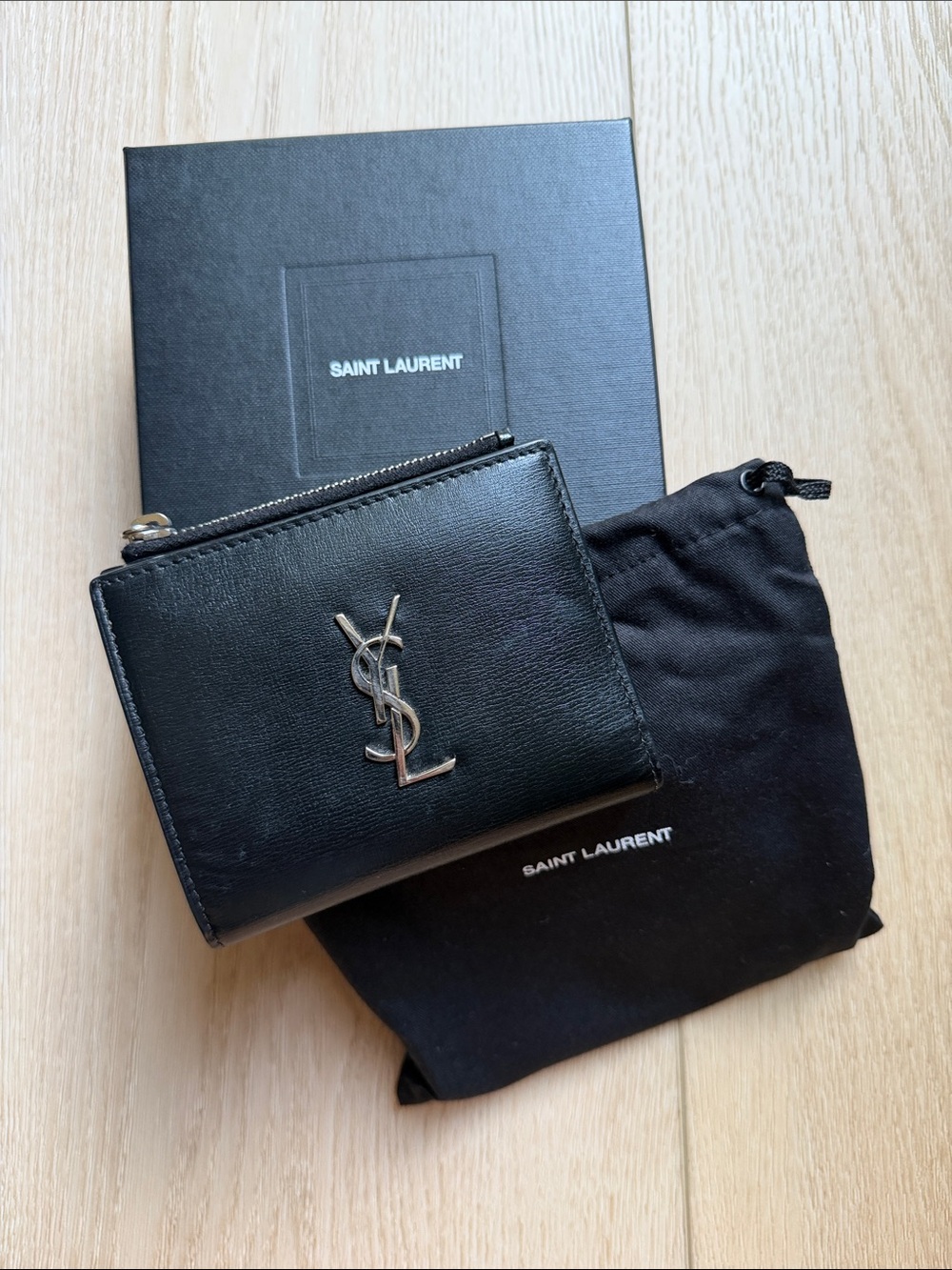 Saint Laurent Black Leather YSL Monogram Bifold Wallet with Coin Zip